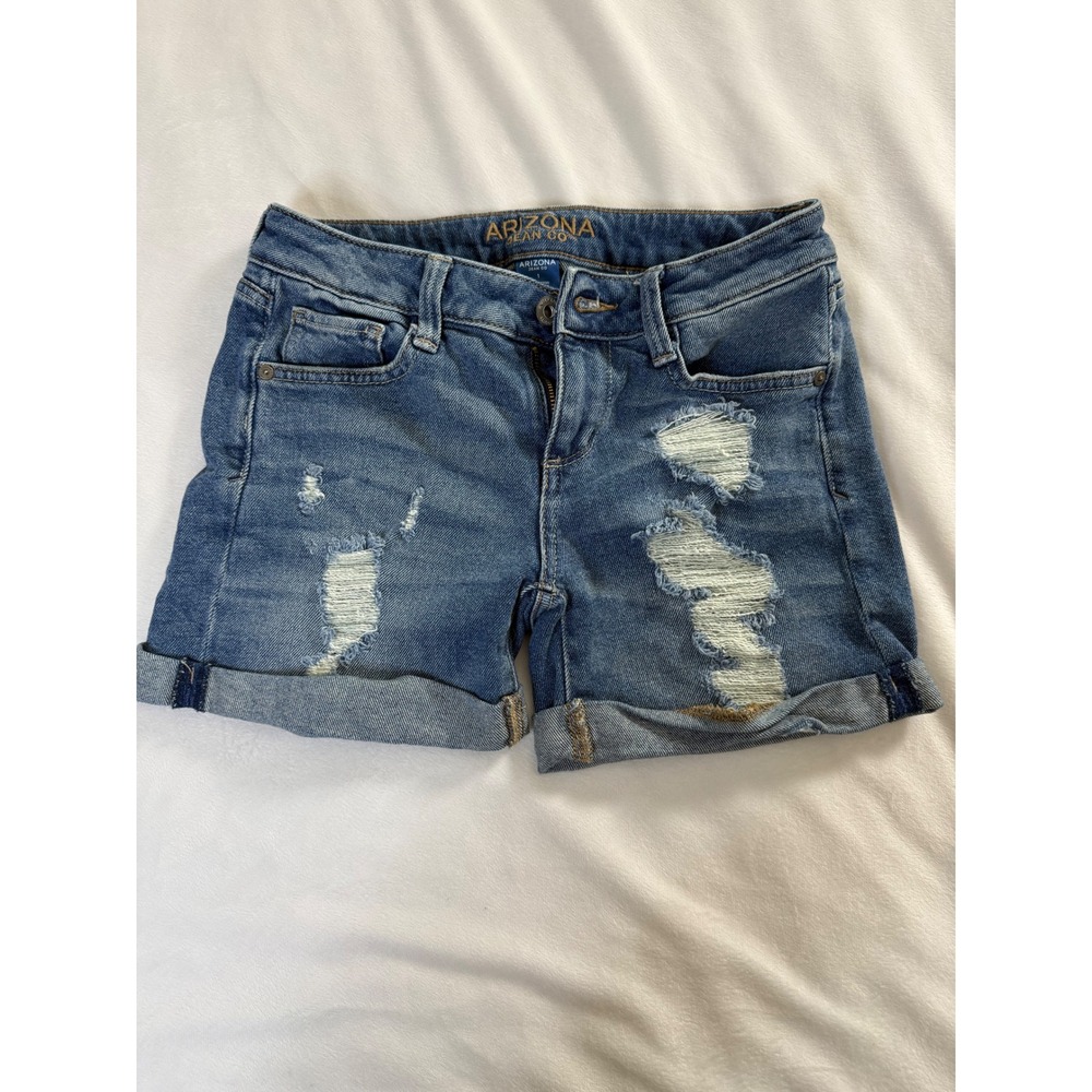 Arizona Jean Co Womens Distressed Denim Shorts Medium Wash Cuffed Size 1